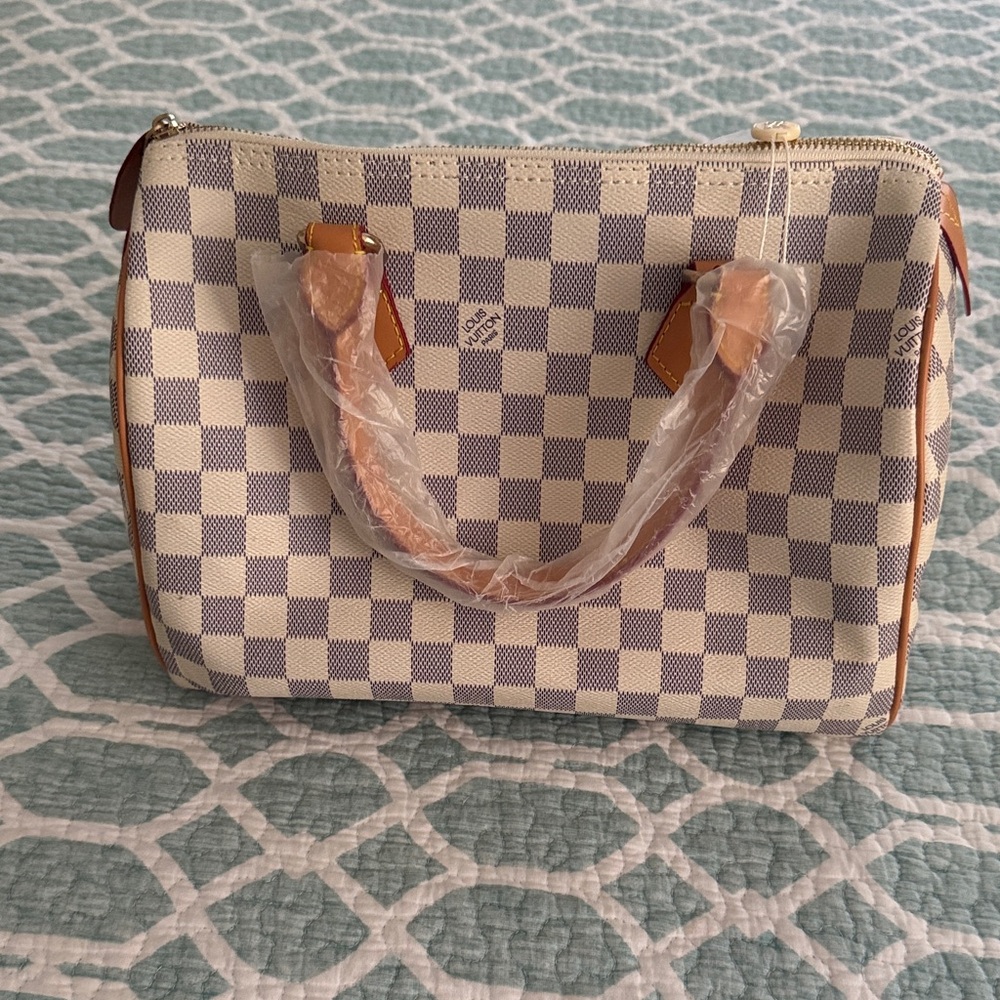 Cream & Light Blue Check Tote with Tan Trim